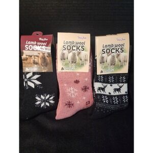 Ting Jun Lamb Wool Socks 3 Pair Set Winter Snowflake Reindeer Black Pink 9-11